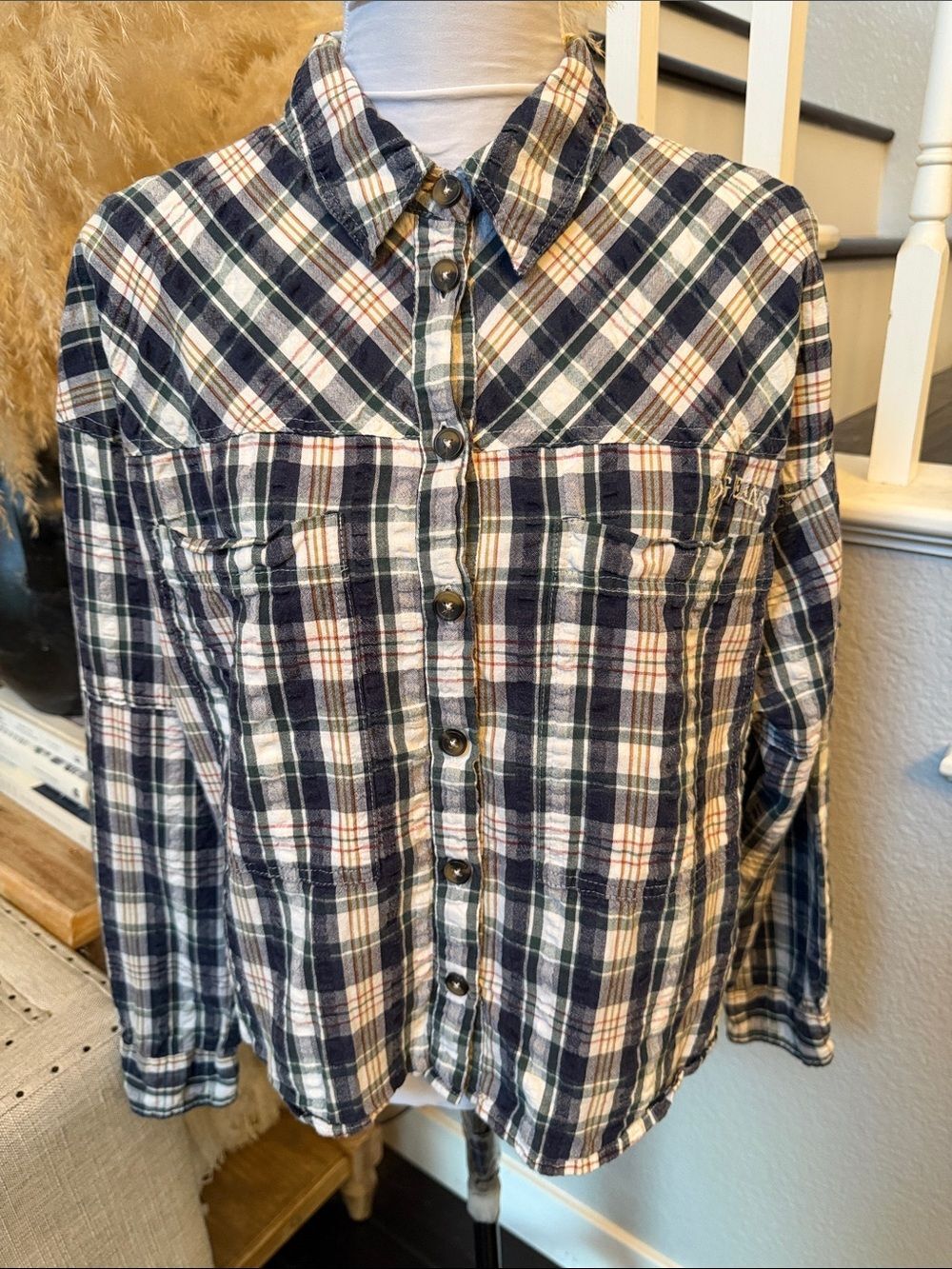 BDG by Urban Outfitters Addison Check Button-Up Plaid Cotton Shirt Blue Size M - Picture 3 of 8